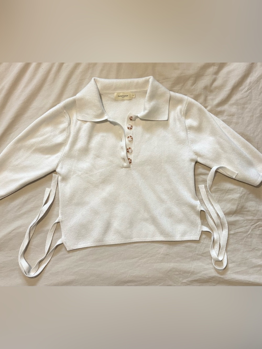 NAF NAF Cream Polo Knit Top with Tie Sides